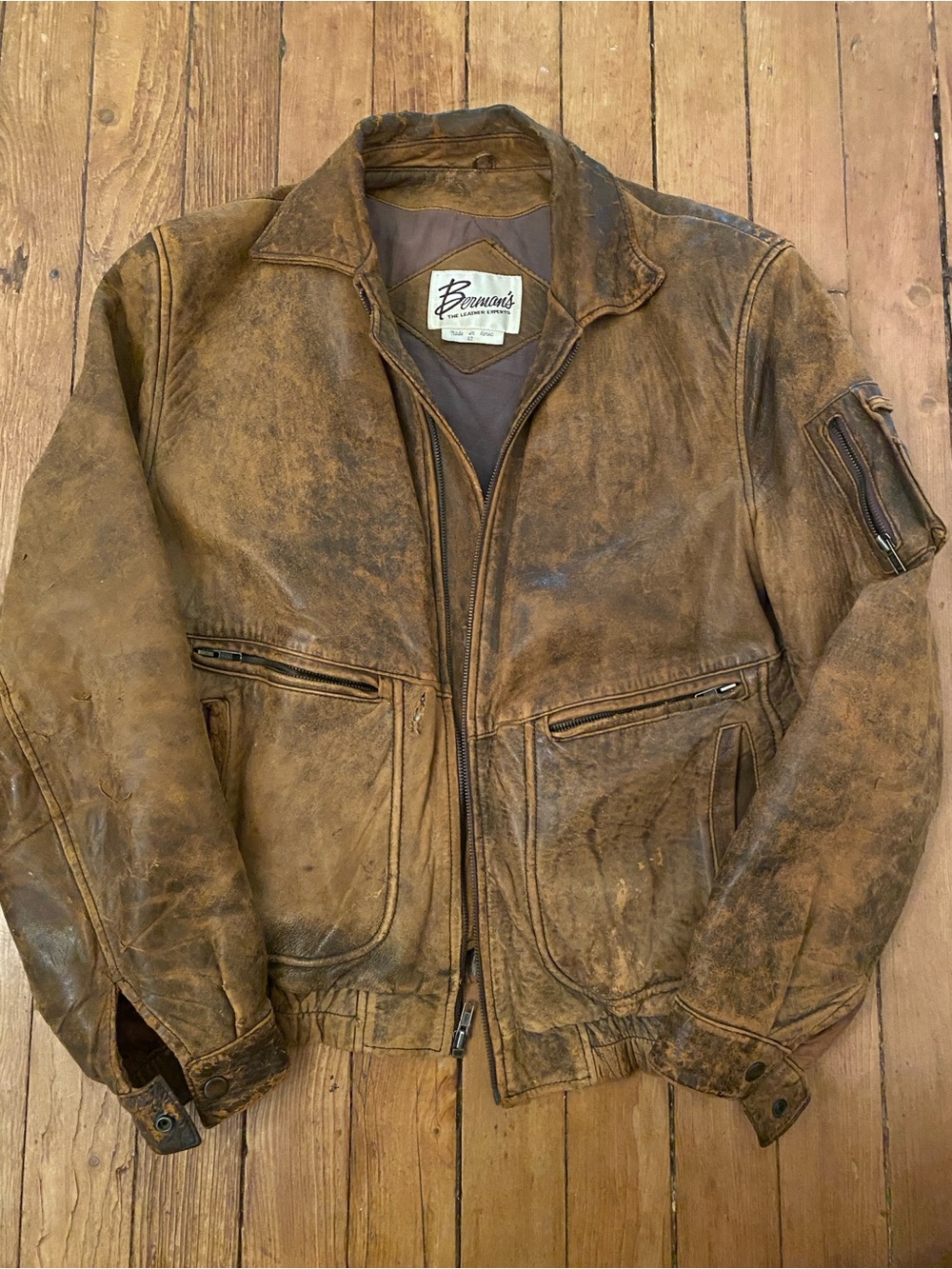 Distressed Brown Leather Bomber Jacket - Men's size large